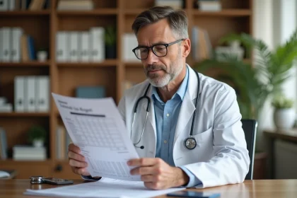 Médecin analysant un bilan lipidique avec résultats anormaux dans un cabinet médical moderne