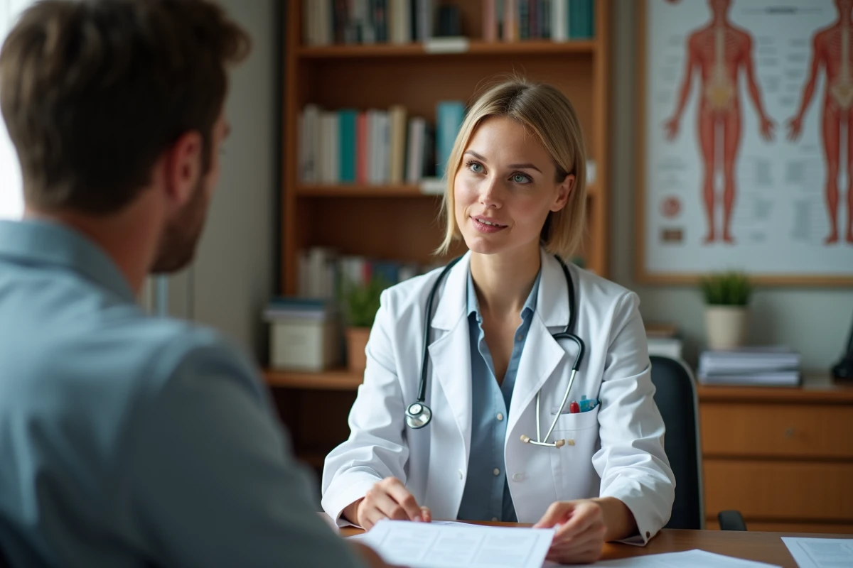 Médecin généraliste discutant d'un dossier médical avec un patient en consultation