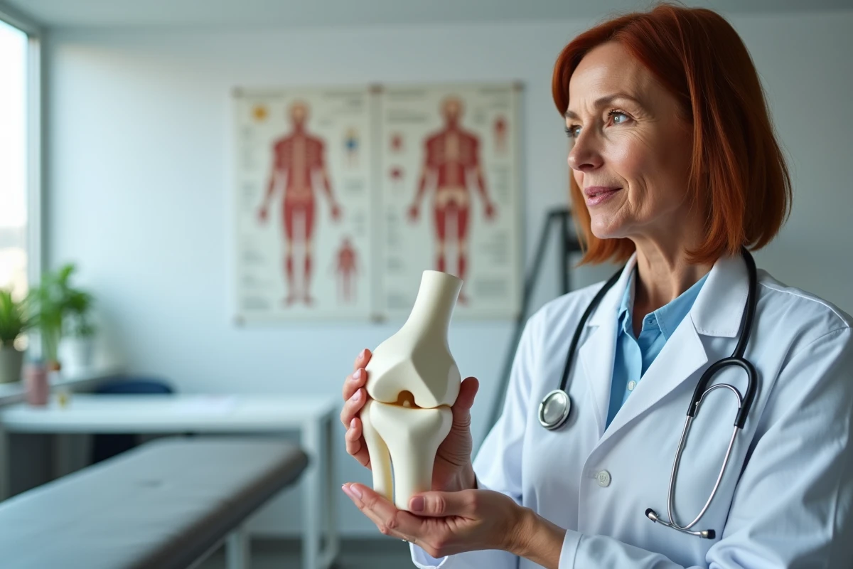 Médecin expliquant les douleurs articulaires avec un modèle anatomique du genou en consultation