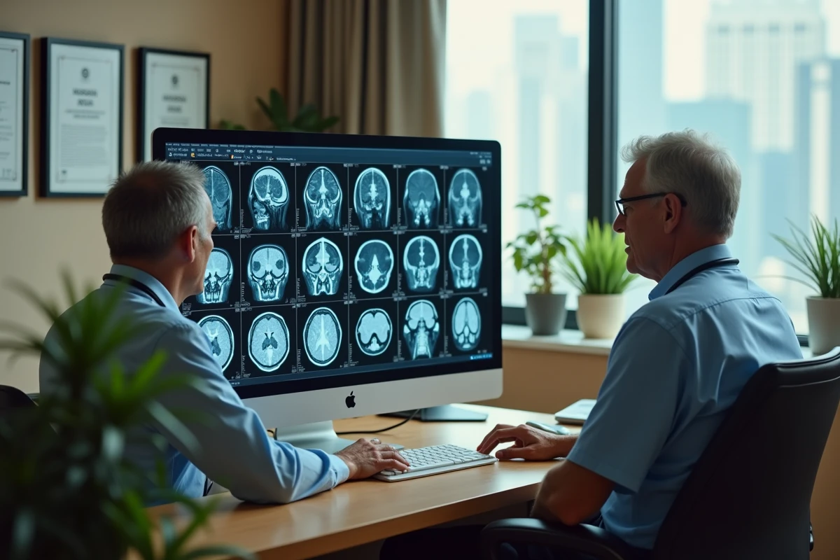 Médecin consultant des imageries neurologiques avec un patient lors d'un suivi de traitement contre le Zonivizectrum