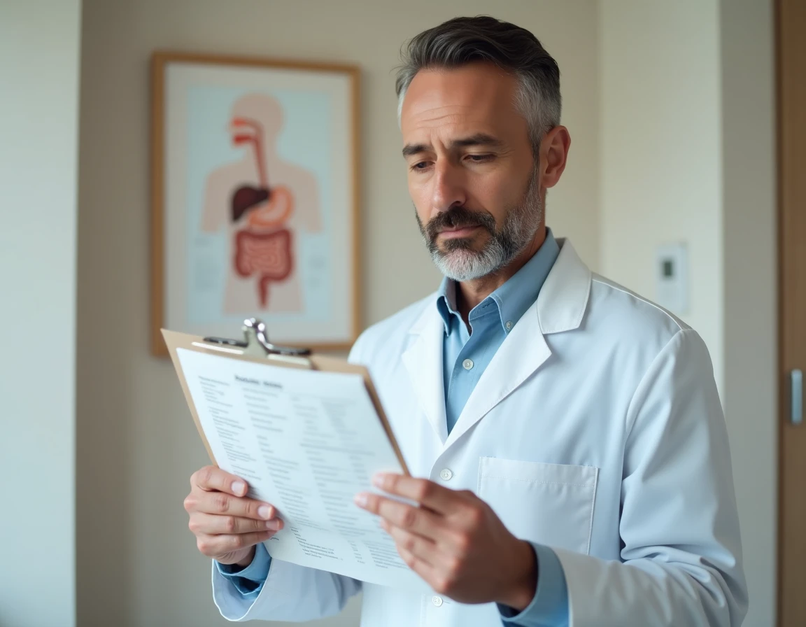 Médecin gastro-entérologue consultant des résultats d'analyses liés à une intolérance au gluten en cabinet médical