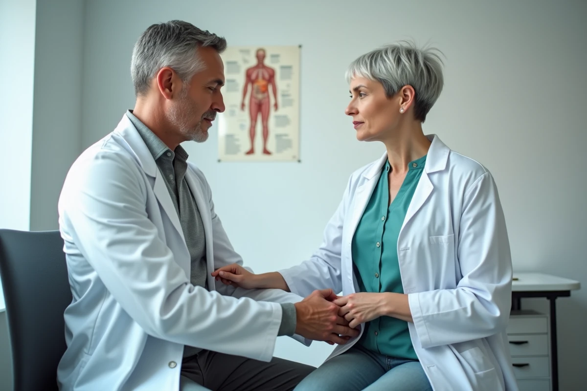 Médecin examinant la zone sous les côtes droites d'un patient lors d'une consultation médicale