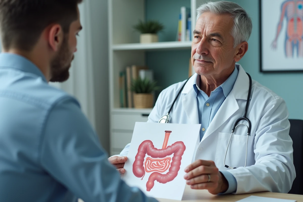 Medecin expliquant une illustration intestinale a un jeune homme