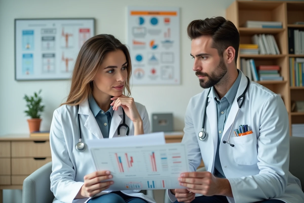 Medecin femme expliquant un graphique medical a un jeune homme