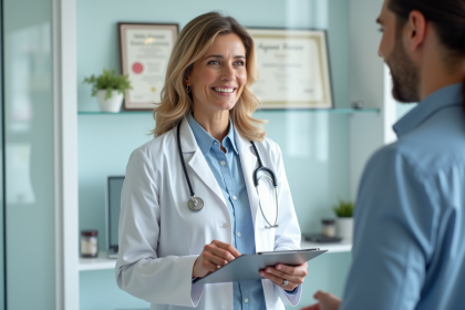 Médecin femme souriante en consultation dans un cabinet
