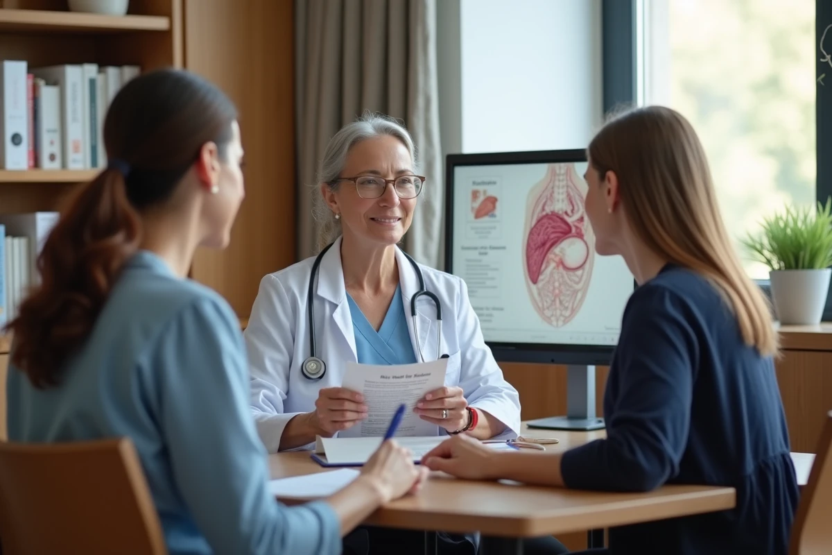 Médecin femme expliquant à une patiente le lien entre une grosseur sous l'aisselle et le cancer du sein lors d'une consultation gynécologique