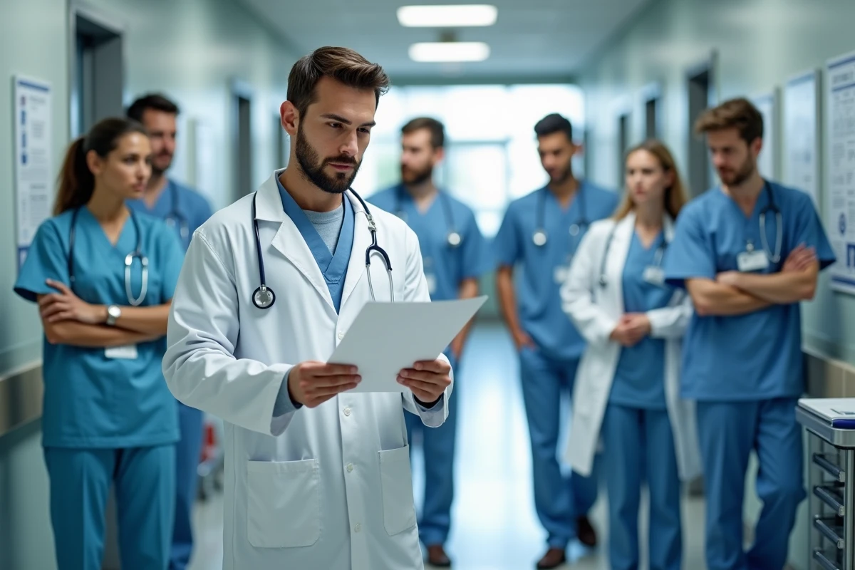 Jeune médecin en blanc avec équipe dans couloir hospitalier