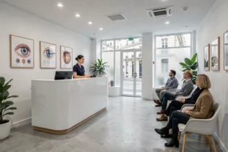 Salle d'attente moderne d'un cabinet ophtalmologique parisien avec mobilier minimaliste et décorations médicales