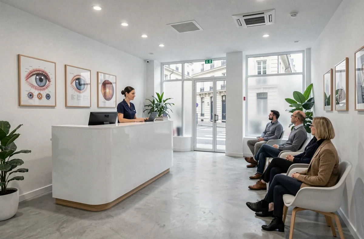 Salle d'attente moderne d'un cabinet ophtalmologique parisien avec mobilier minimaliste et décorations médicales