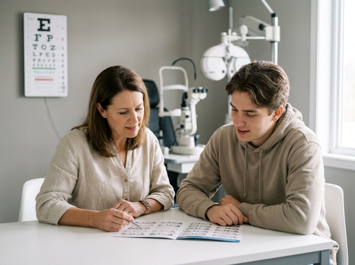 Une mère et son fils adulte consultant un catalogue de montures de lunettes chez un opticien lors d'un rendez-vous