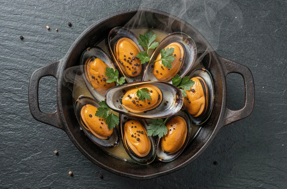 Gros plan de moules cuites dans une cocotte en fonte avec persil et bouillon, mettant en valeur leur qualité nutritive en hiver