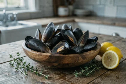 Bol de moules fraîches sur une table en bois rustique avec citron et thym, idéal pour illustrer les bienfaits des moules en hiver