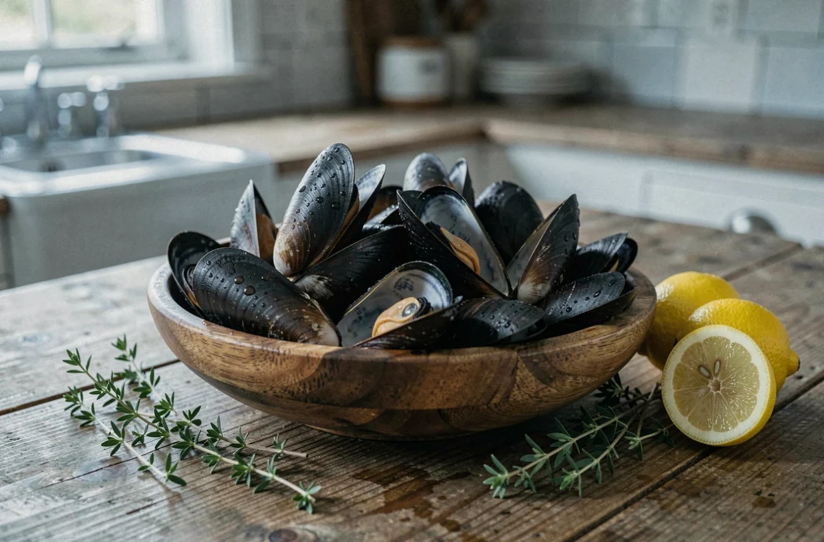 Bol de moules fraîches sur une table en bois rustique avec citron et thym, idéal pour illustrer les bienfaits des moules en hiver
