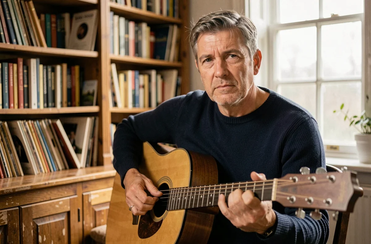 Musicien jouant de la guitare acoustique chez lui pendant sa convalescence, portrait intime de la guérison