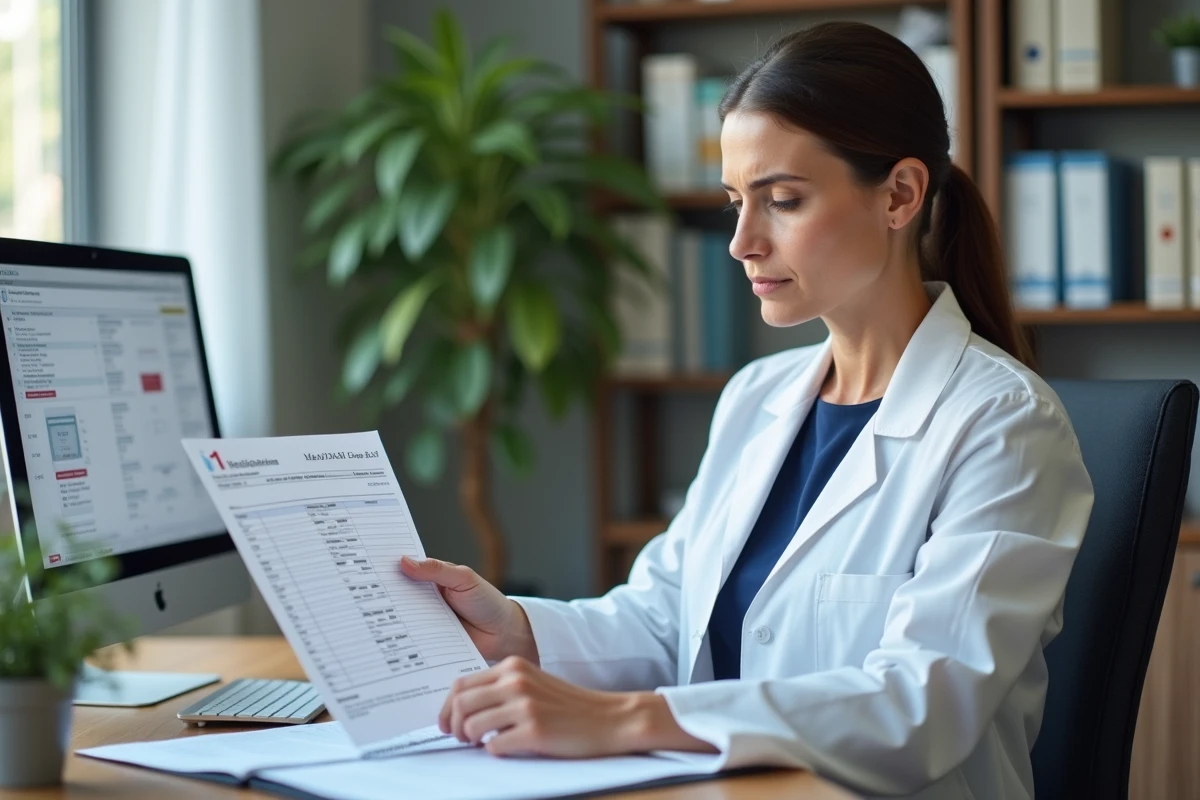 Néphrologue examinant un rapport de laboratoire avec des résultats de DFG élevé dans un cabinet médical moderne