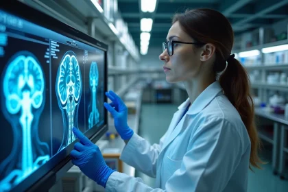 Neuroscientifique examinant un scan cérébral 3D dans un laboratoire de neurologie moderne, illustrant la recherche sur l'hippocampe et la neurogenèse