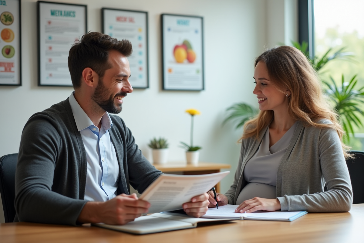 Nutritionniste discutant avec une femme enceinte dans un bureau