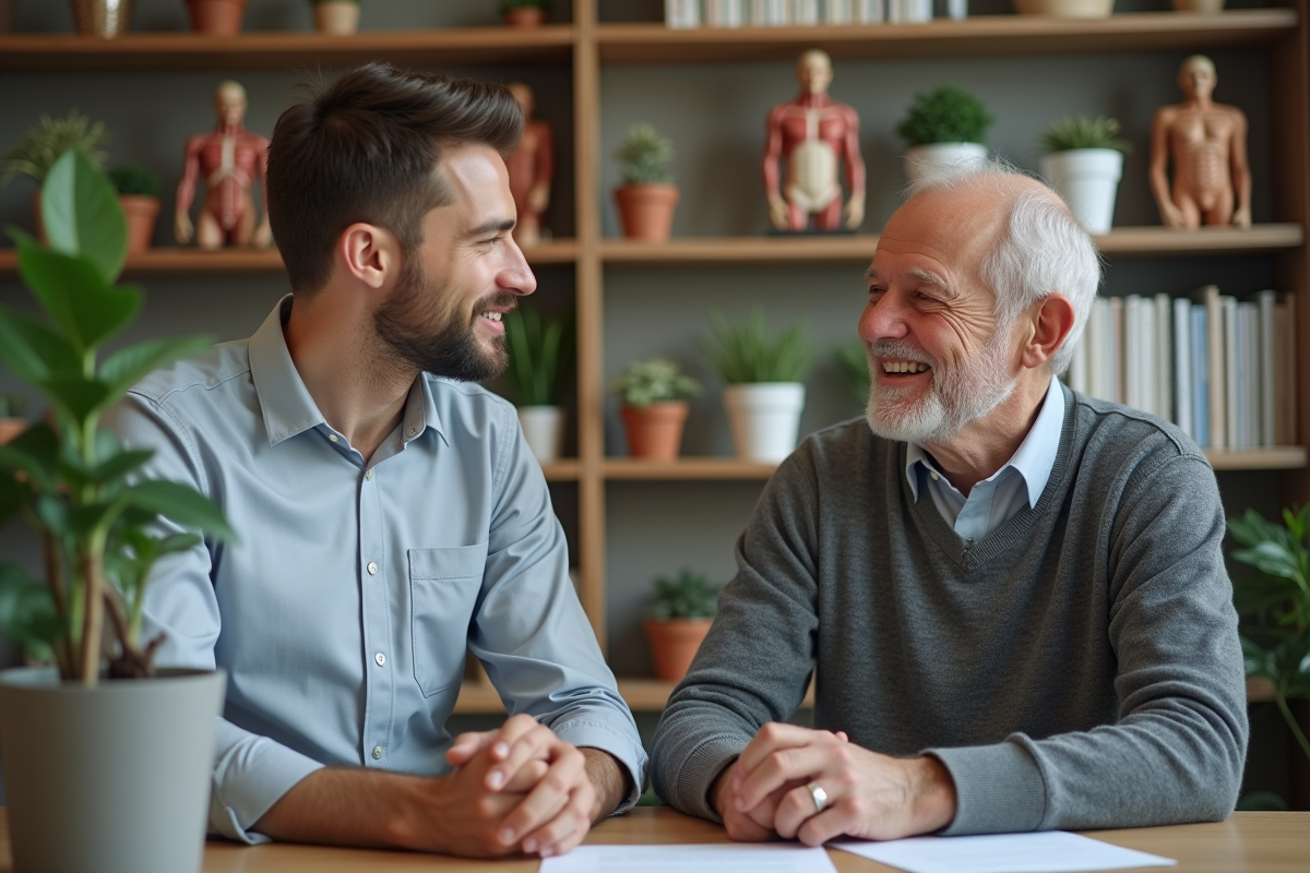 Nutritionniste discutant avec un senior dans un cabinet chaleureux