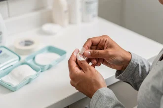 Femme appliquant un pansement waterproof sur un ongle arraché à la salle de bain
