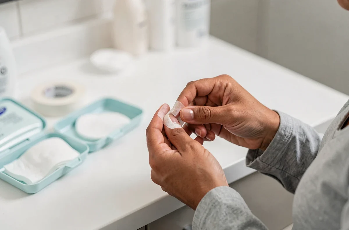 Femme appliquant un pansement waterproof sur un ongle arraché à la salle de bain
