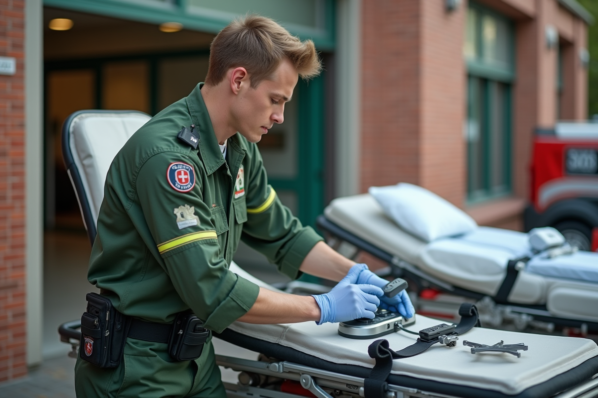 Jeune paramedic vérifiant du matériel devant une ambulance urbaine