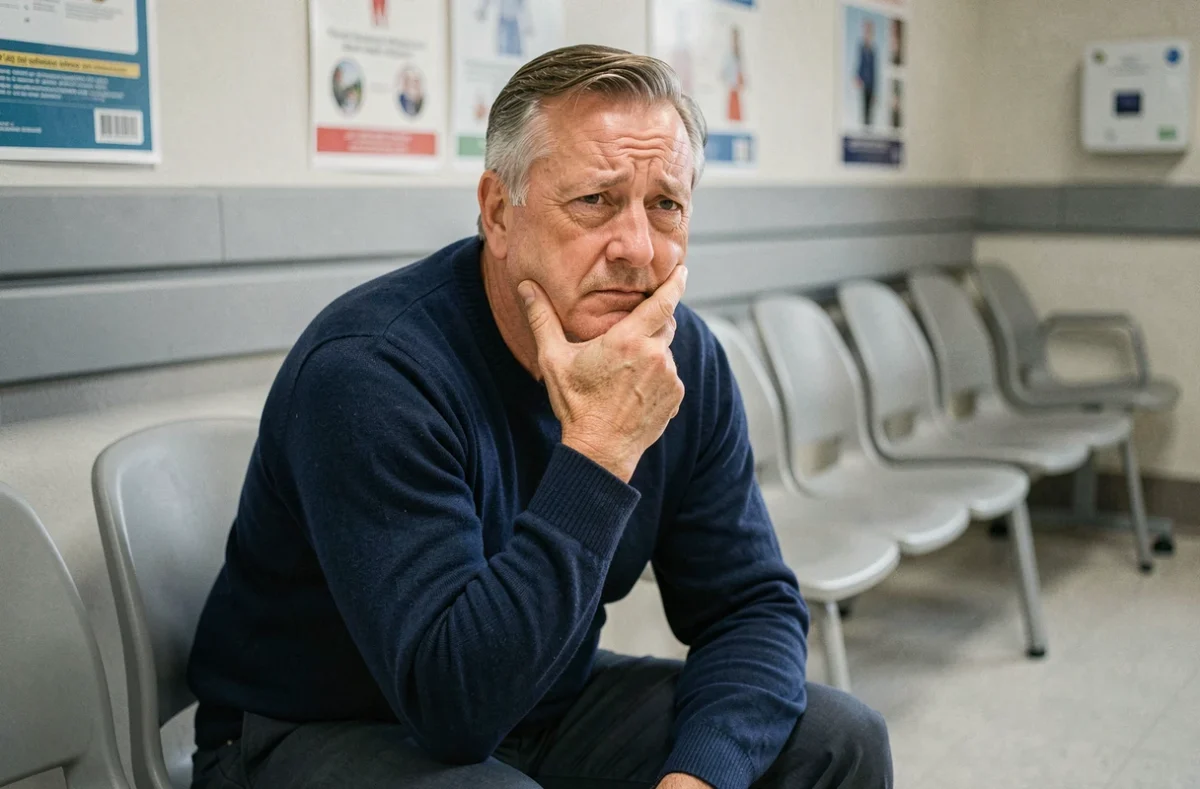 Patient âgé dans une salle d'attente hospitalière touchant sa mâchoire douloureuse avant une consultation en urgence