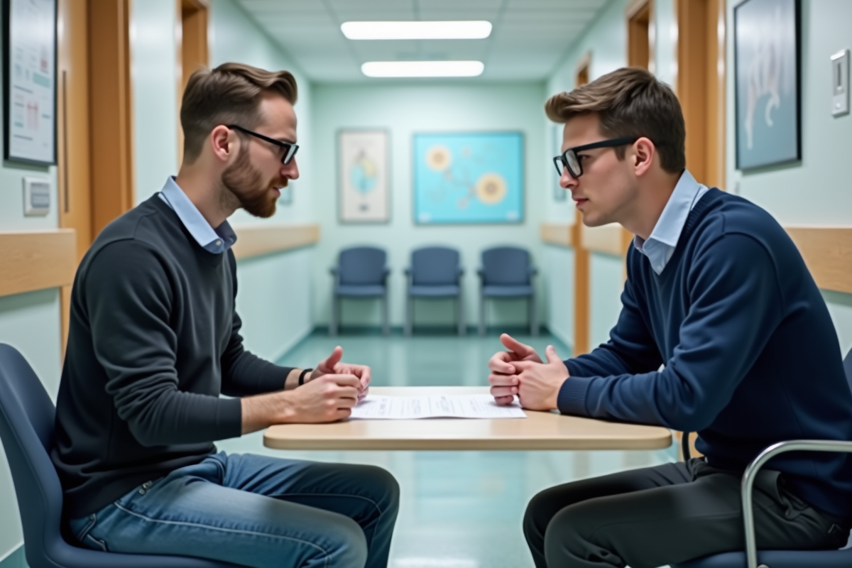 Patient homme en consultation dans un couloir d