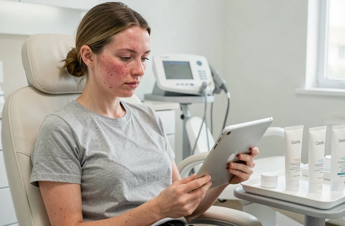 Patiente en consultation dermatologique avec des produits de soin Circles CLEAR pour peaux à problèmes