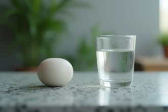 Perle de céramique blanche posée sur une surface en granit humide à côté d'un verre d'eau transparente, gros plan macro réaliste illustrant le concept de purification de l'eau