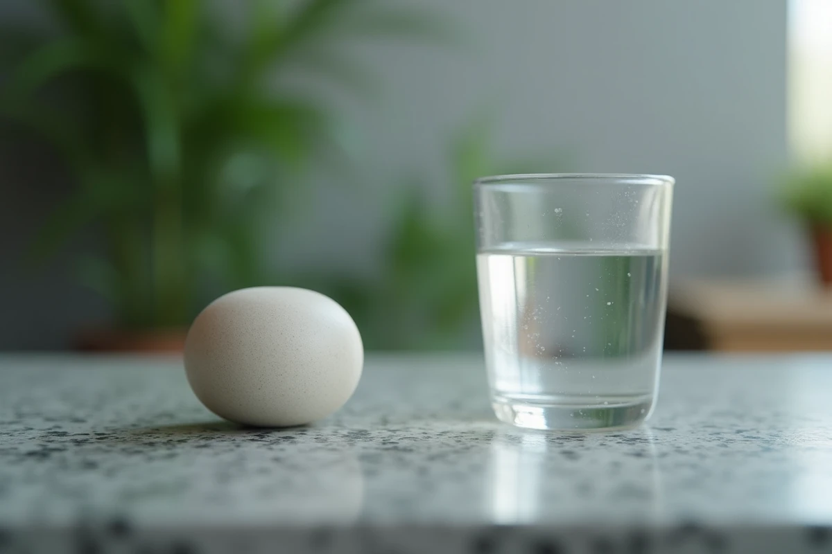 Perle de céramique blanche posée sur une surface en granit humide à côté d'un verre d'eau transparente, gros plan macro réaliste illustrant le concept de purification de l'eau