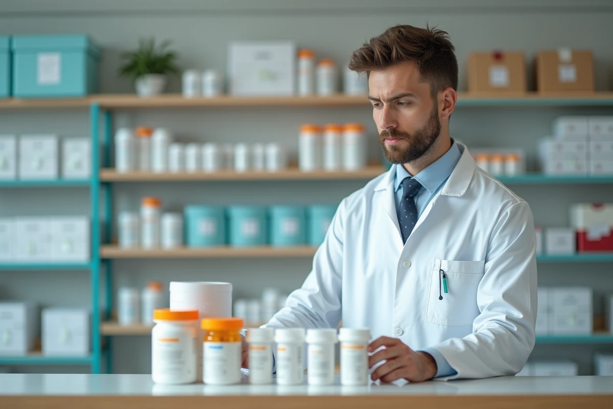 Jeune pharmacien organisant des médicaments en pharmacie