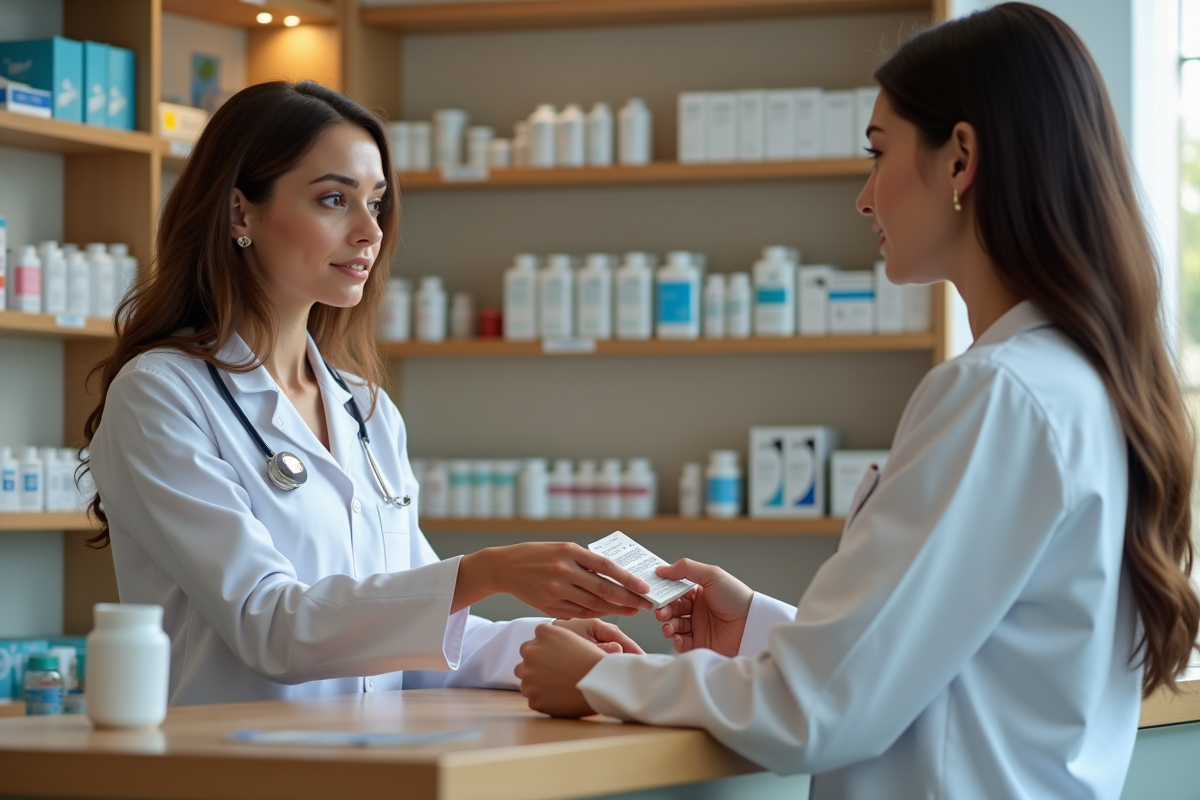 Pharmacienne remet une boîte de pilules contraceptives