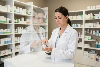 Pharmacienne examinant un produit de soin Indiva System derrière le comptoir d'une pharmacie moderne
