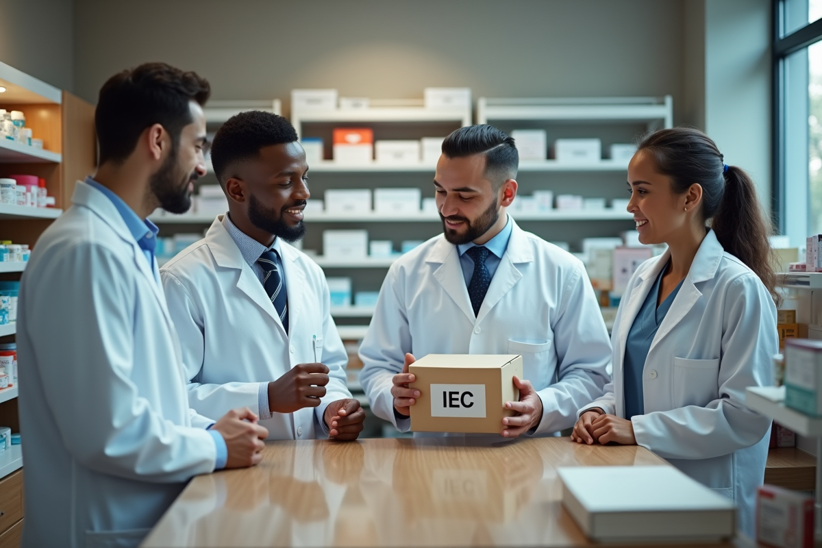 Pharmaciens discutant devant rayons de medicaments