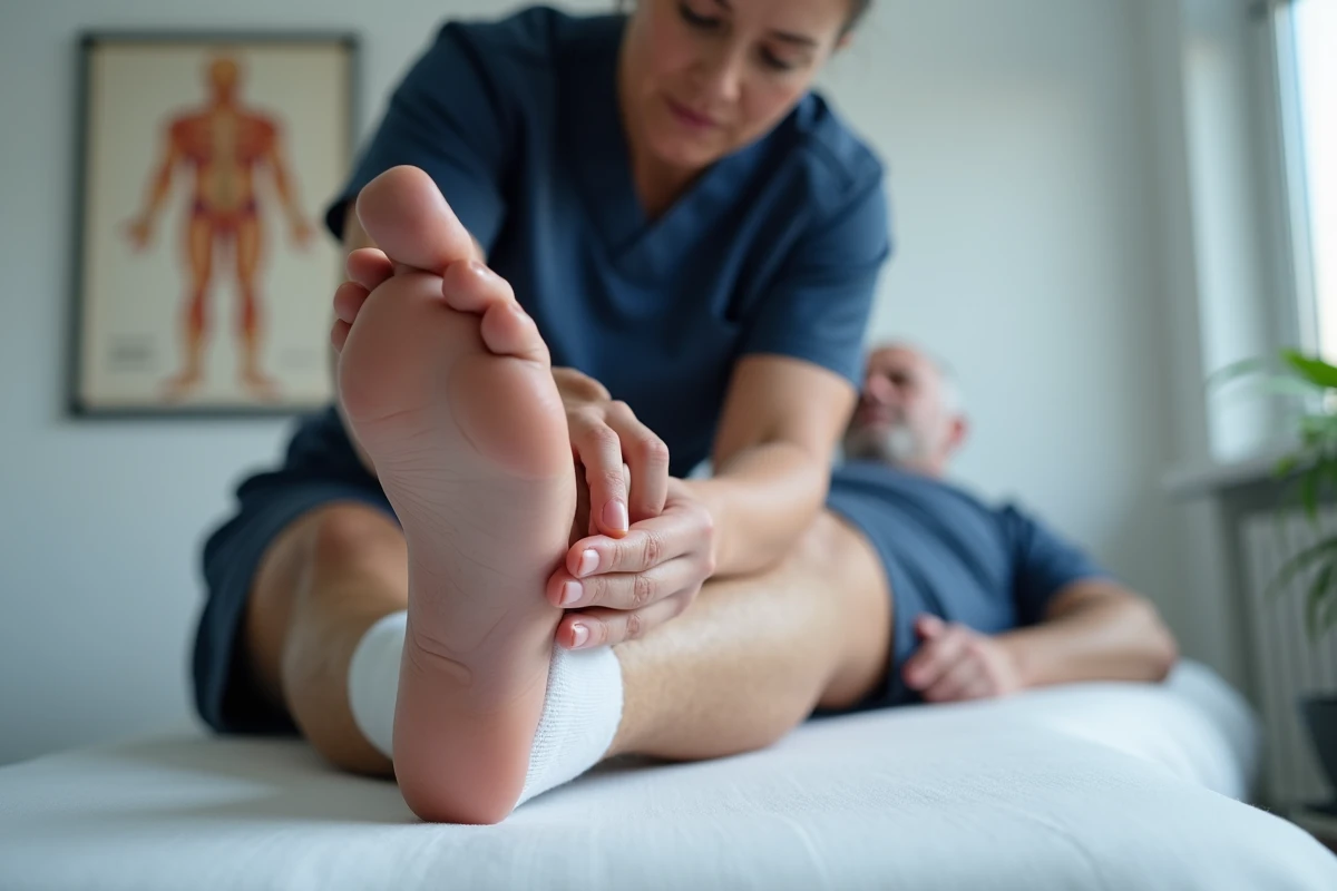Physiothérapeute examinant le bord latéral du pied d'un patient en surpoids sur une table de traitement en clinique