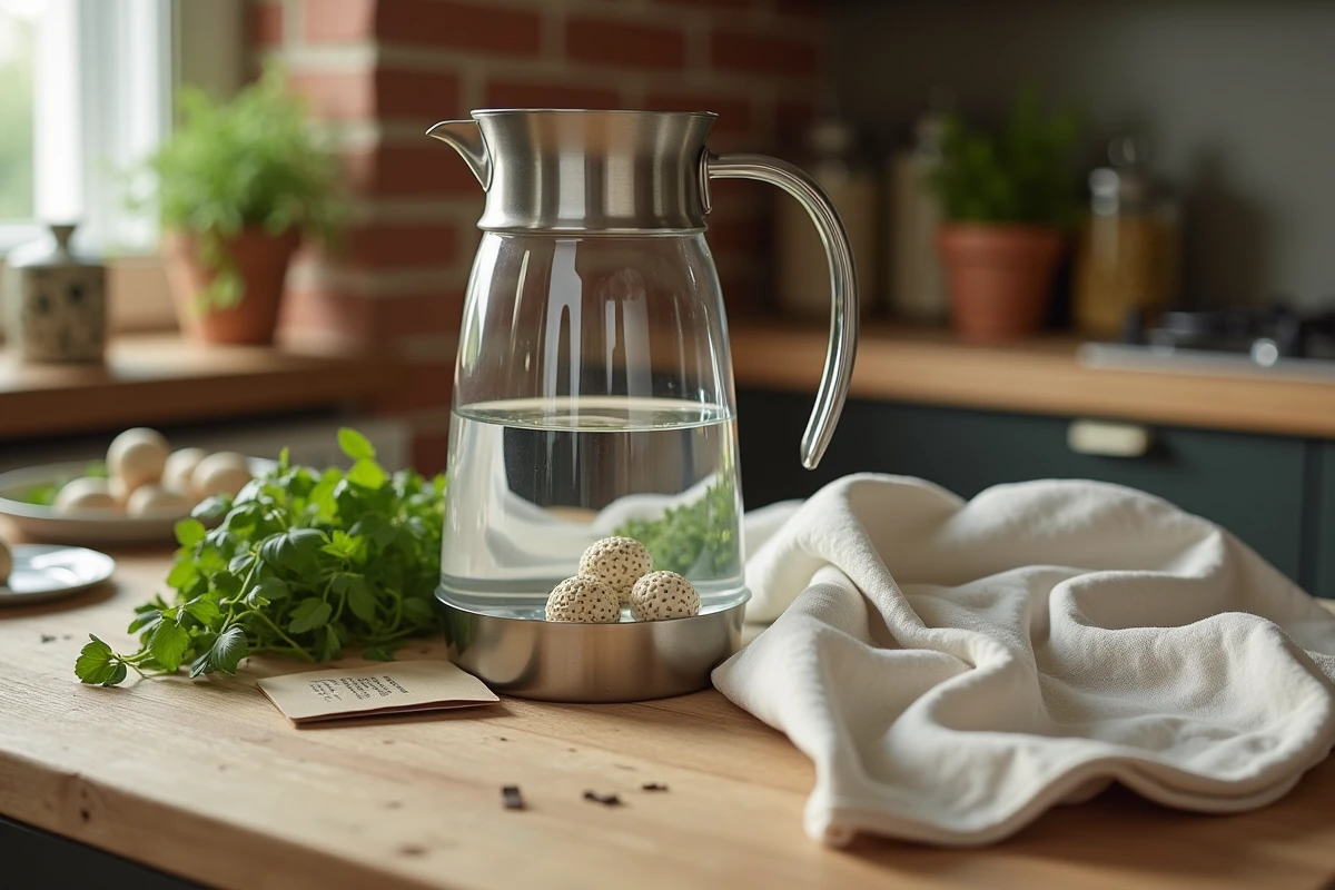 Pichet en inox rempli d'eau avec des perles de céramique au fond, posé sur une table en bois dans une cuisine écologique, illustration d'une solution durable pour la purification de l'eau à domicile