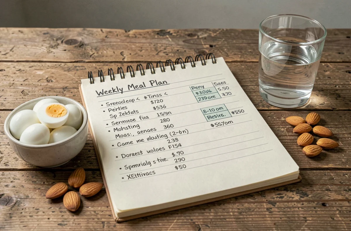 Plan alimentaire hebdomadaire manuscrit pour suivre un régime militaire avec des aliments simples et mesurés