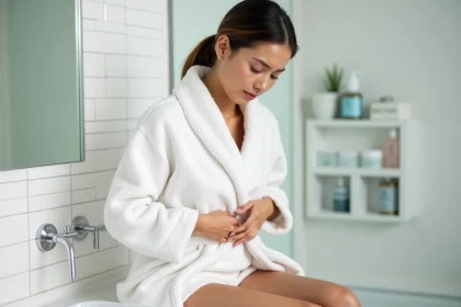Femme examinant une irritation cutanée au niveau du maillot dans une salle de bain moderne, illustrant les problèmes de poils incarnés récurrents sur le pubis