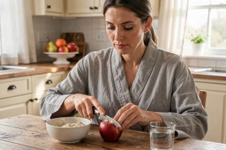 Femme préparant une pomme au petit-déjeuner sur une table en bois rustique, avec un bol de flocons d'avoine et un verre d'eau