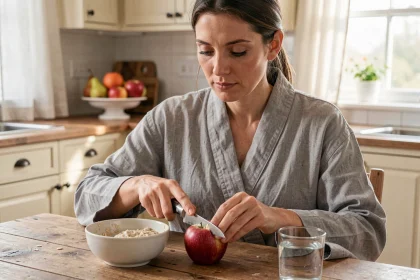 Femme préparant une pomme au petit-déjeuner sur une table en bois rustique, avec un bol de flocons d'avoine et un verre d'eau