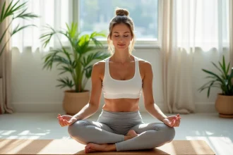 Femme pratiquant une posture de méditation assise sur un tapis de yoga en liège au lever du matin
