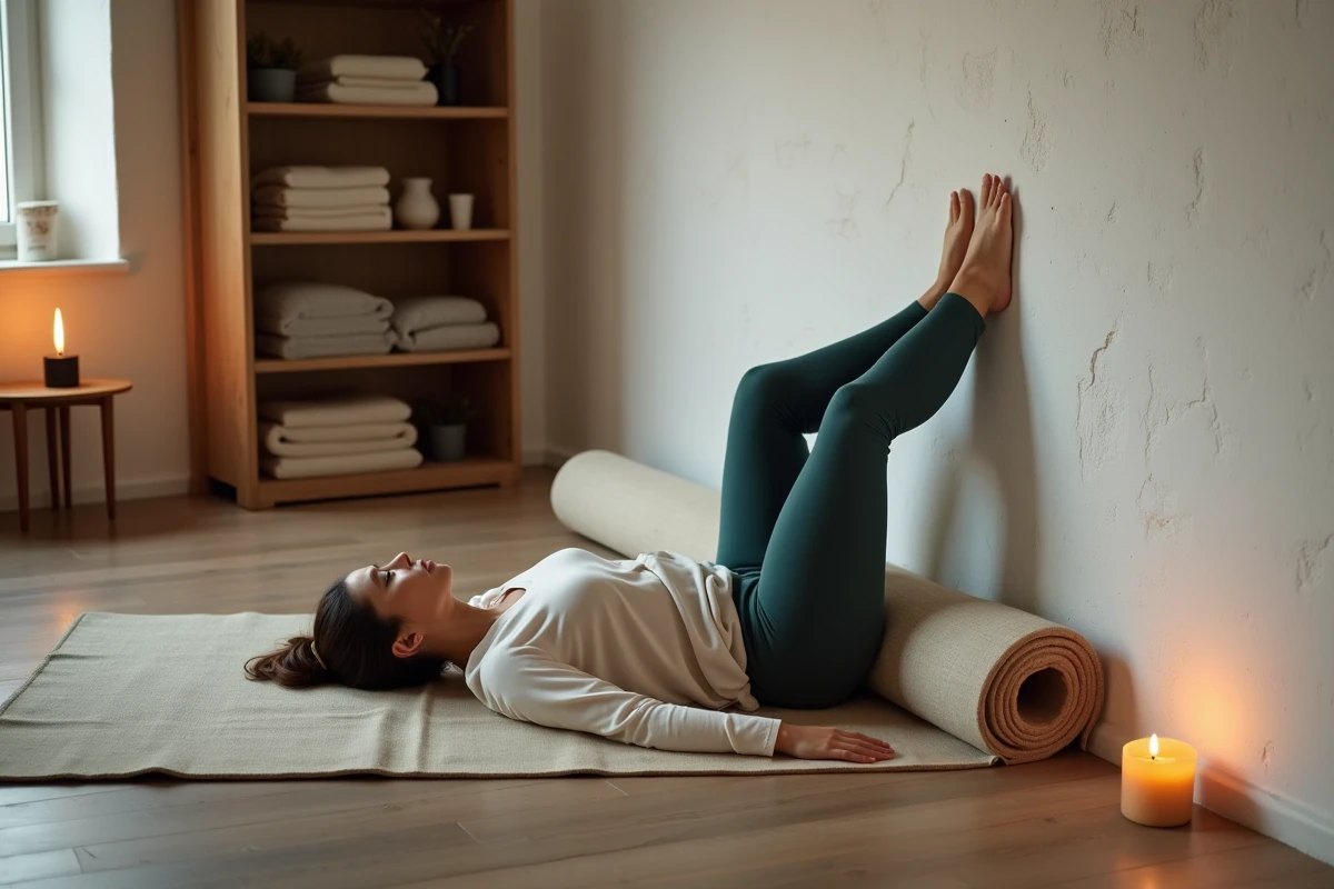 Femme en posture restauratrice jambes au mur sur tapis de yoga dans un espace de détente en soirée