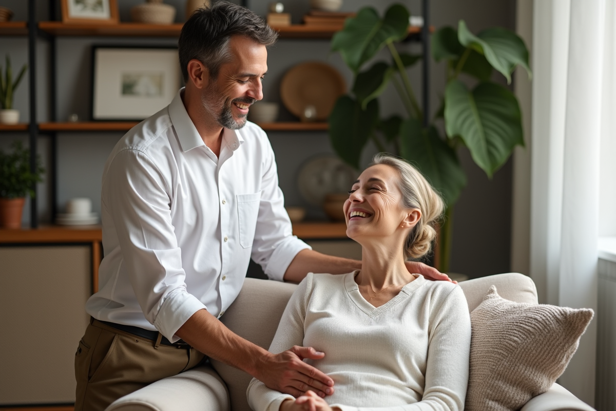Praticien reiki souriant avec une femme dans un salon chaleureux