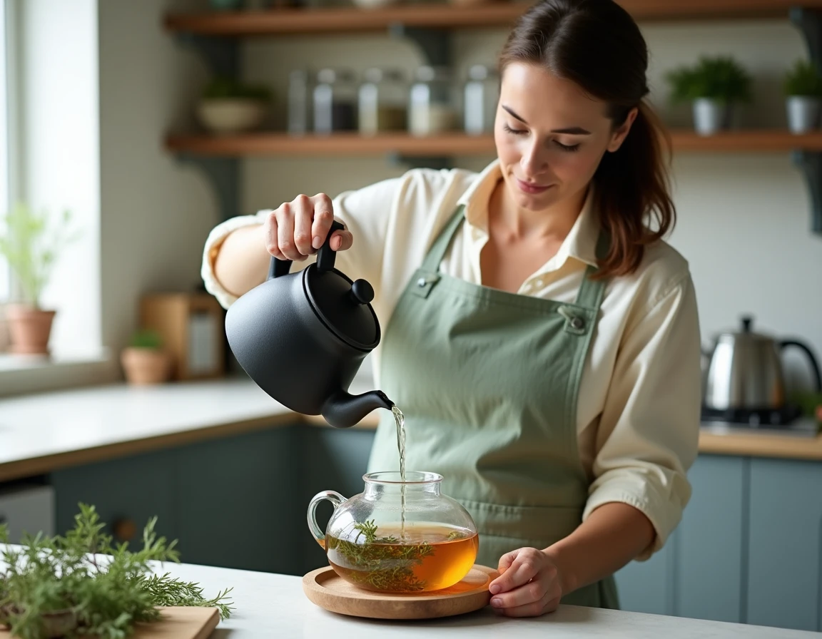 Femme pr&eacute;parant une infusion de thym en versant de l'eau chaude sur des brins frais dans une th&eacute;i&egrave;re en verre
