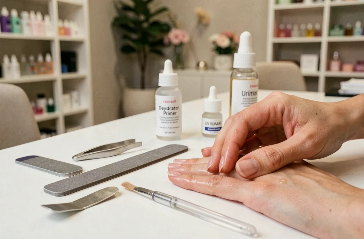 Station de préparation des ongles en gel avec outils professionnels et démonstration des erreurs courantes avant pose du gel