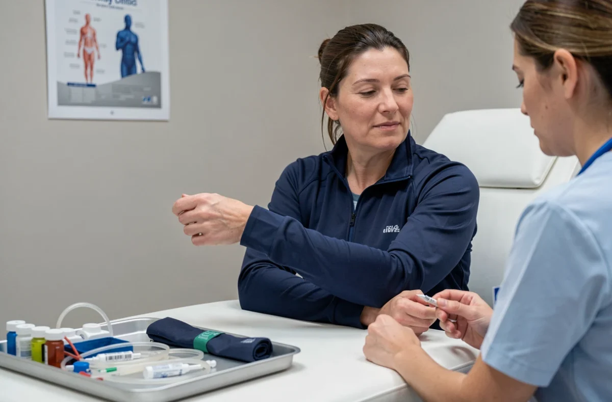 Femme sportive lors d'une prise de sang en cabinet médical pour contrôler ses transaminases SGOT après une course intensive