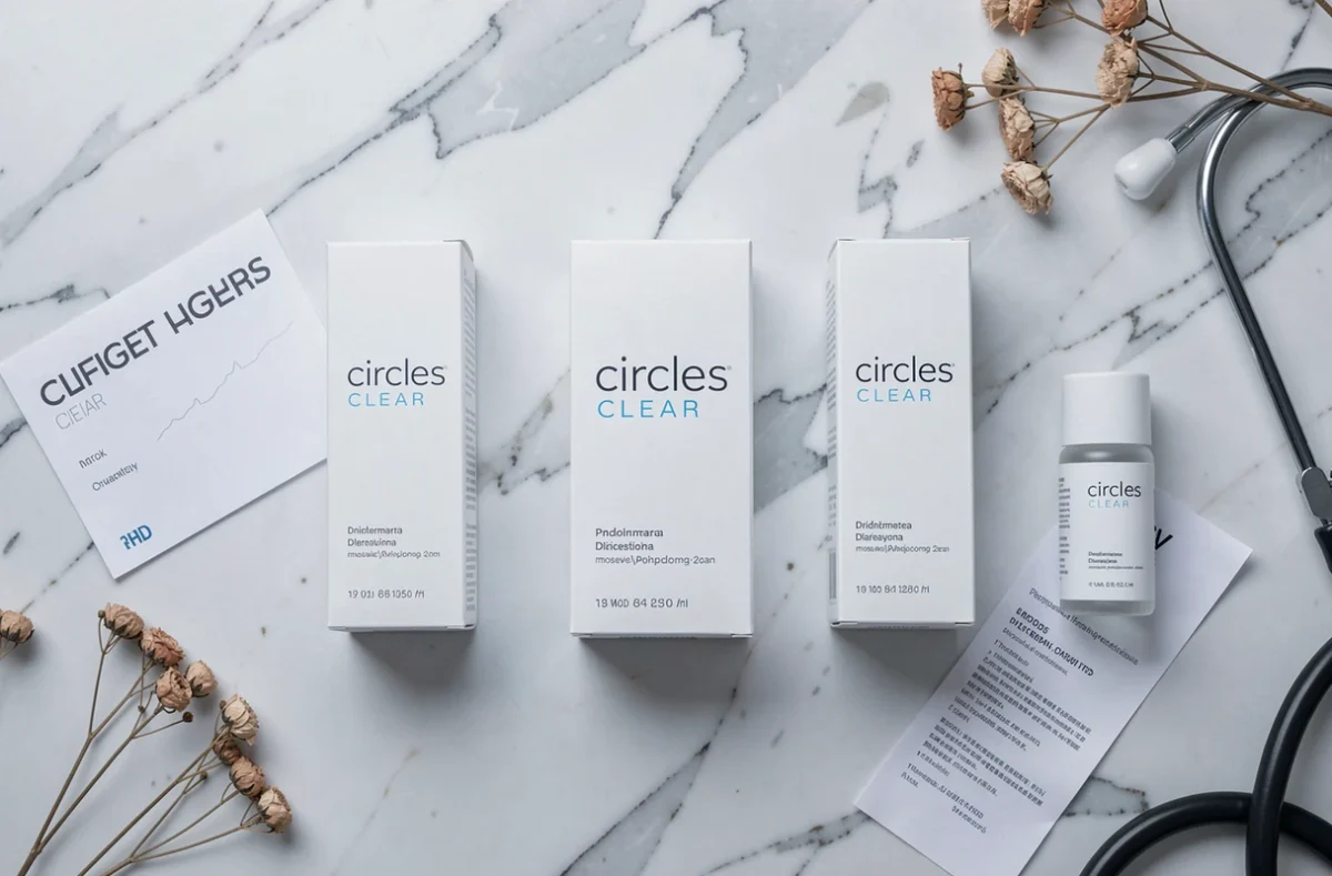 Présentation des produits Circles CLEAR sur fond marbre avec accessoires médicaux pour avis dermatologique