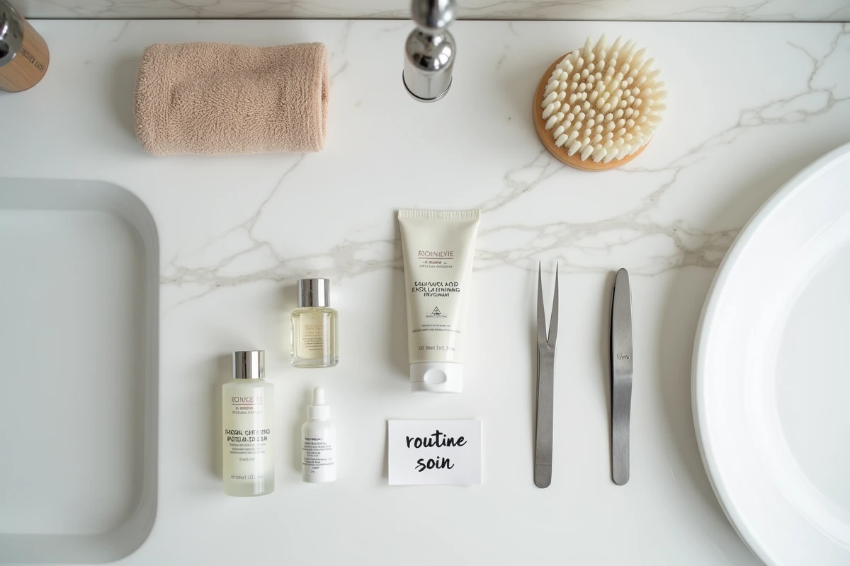 Produits de soin pour poils incarnés disposés en flat lay sur marbre blanc, incluant crème exfoliante, pince à épiler et huile essentielle pour traitement pubis