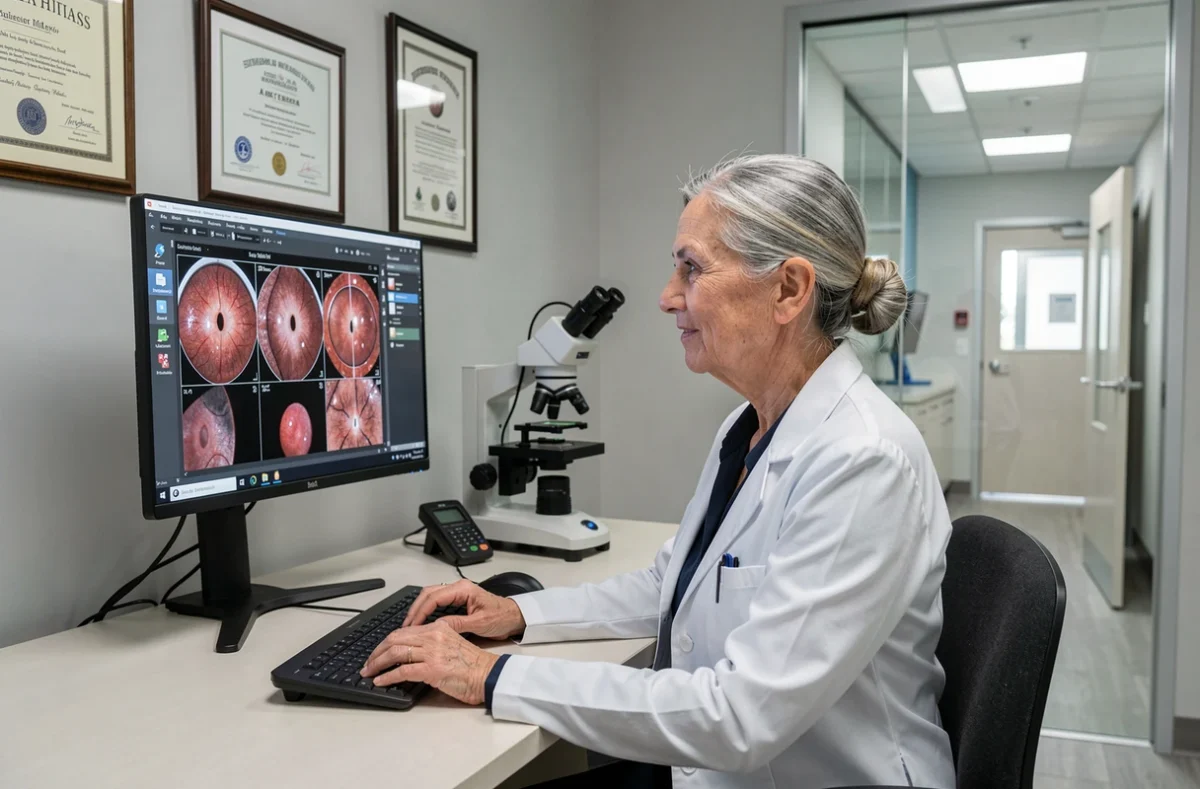Professeure ophtalmologue examinant des images rétiniennes dans son cabinet médical au Centre de santé Broca