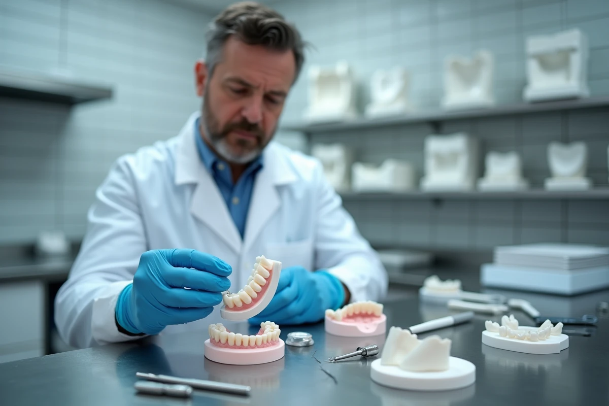 Prothésiste dentaire fabriquant une prothèse partielle amovible en laboratoire, alternative à l'implant dentaire